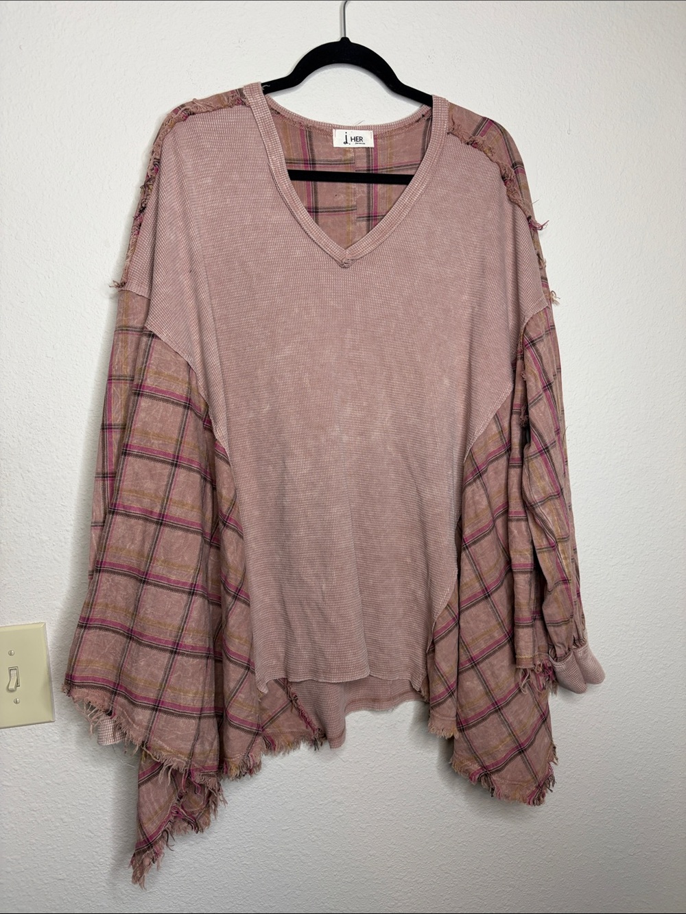 J. HER | Mineral-Wash Patchwork Boho V-neck Oversized Top Size Large